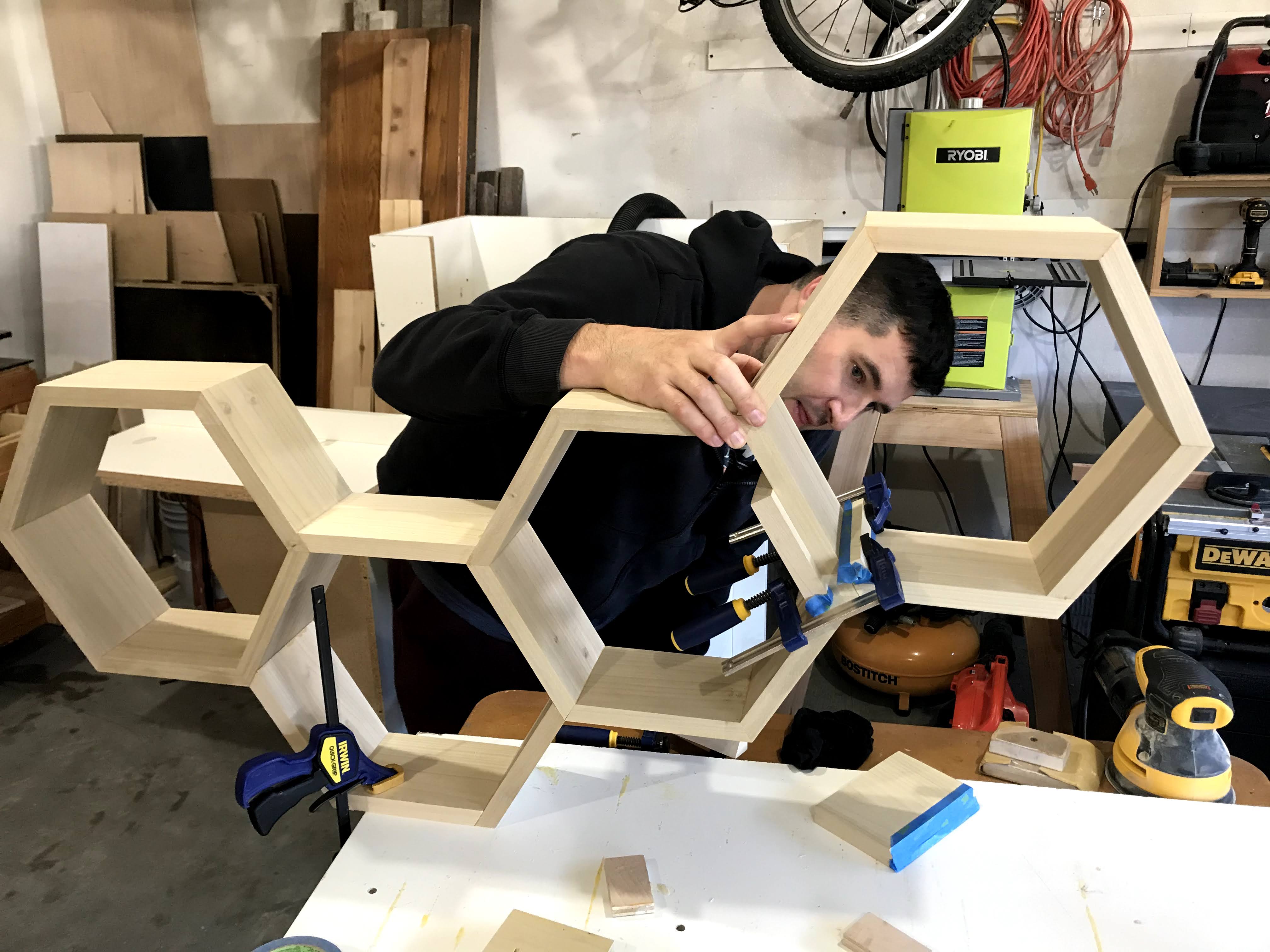 Glue up for the hexagon shelf project